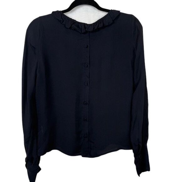 Nili Lotan 100% Silk Navy Blue Blouse Ruffle Neck Button Up Back Size Medium - Picture 3 of 12